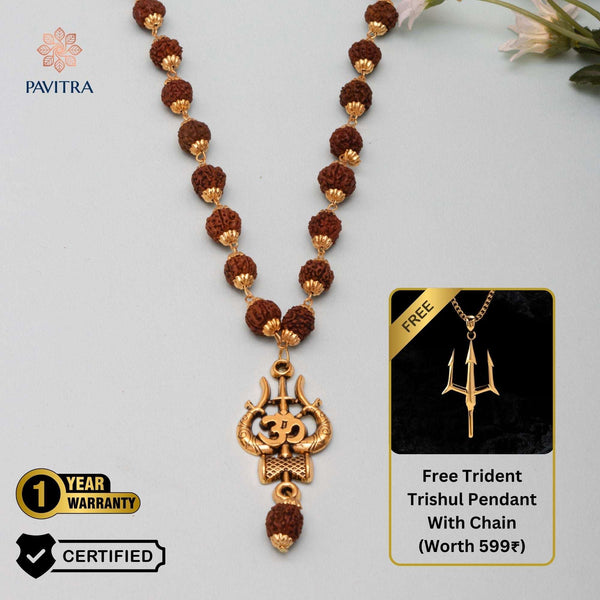 Gold Plated Rudraksha Shiva Trishool Necklace (With Free Trident Trishul Necklace) - Pavitra