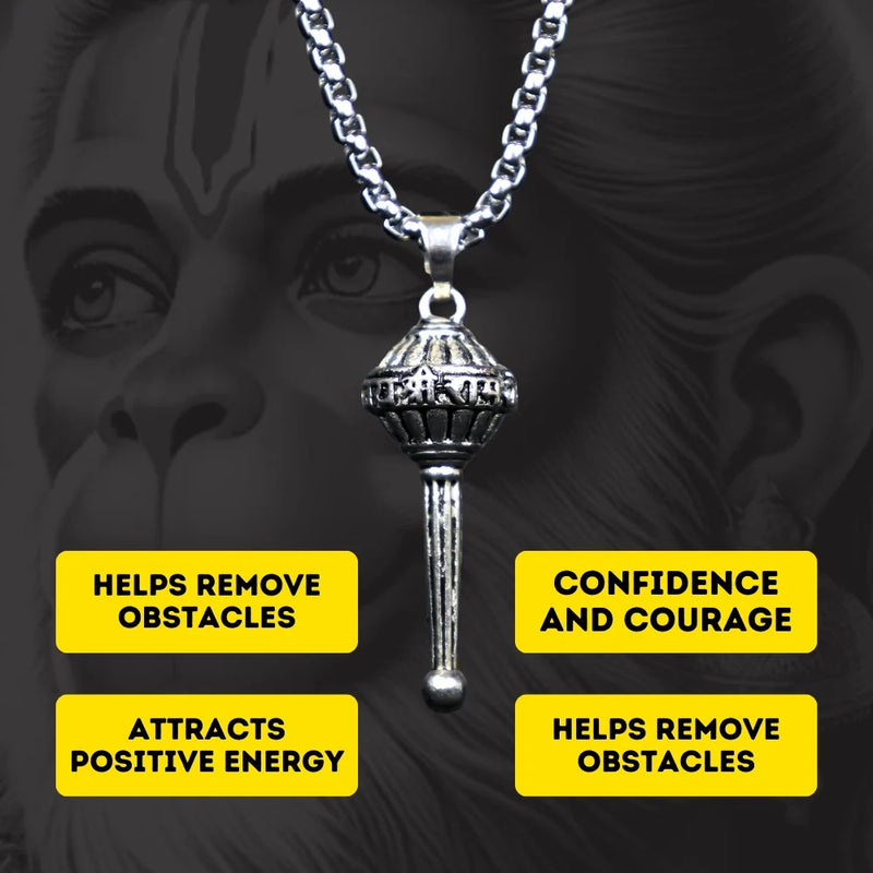 Silver-Plated Hanuman Ji Gada Pendant with Chain