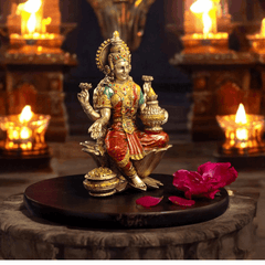 Goddess Lakshmi Mata Idol Seated on a Lotus-Antique Finish - 7 Inch - Pavitra