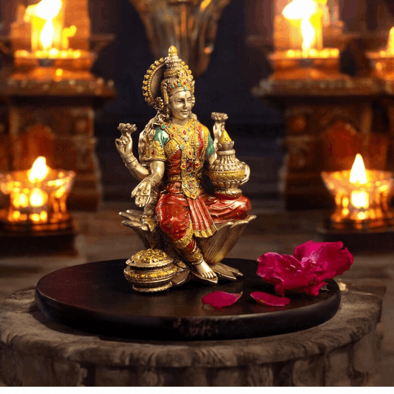 Goddess Lakshmi Mata Idol Seated on a Lotus-Antique Finish - 7 Inch - Pavitra
