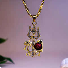 Gold Plated Shiv Trishul Pendant with Rudraksha & Damaru