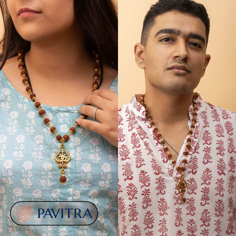 Gold Plated Rudraksha Shiva Trishool Necklace (With Free Trident Trishul Necklace) - Pavitra