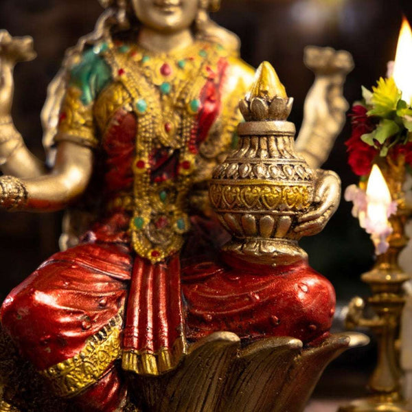 Goddess Lakshmi Mata Idol Seated on a Lotus-Antique Finish - 7 Inch - Pavitra