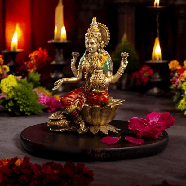 Goddess Lakshmi Mata Idol Seated on a Lotus-Antique Finish - 7 Inch - Pavitra