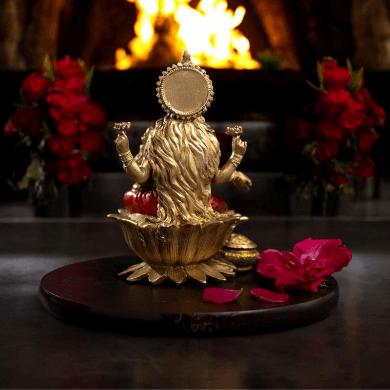 Goddess Lakshmi Mata Idol Seated on a Lotus-Antique Finish - 7 Inch - Pavitra