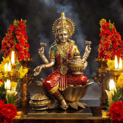 Goddess Lakshmi Mata Idol Seated on a Lotus-Antique Finish - 7 Inch - Pavitra