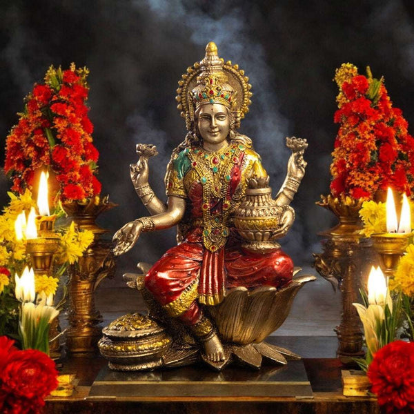 Goddess Lakshmi Mata Idol Seated on a Lotus-Antique Finish - 7 Inch - Pavitra