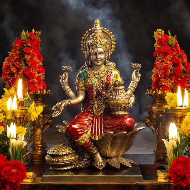 Goddess Lakshmi Mata Idol Seated on a Lotus-Antique Finish - 7 Inch - Pavitra