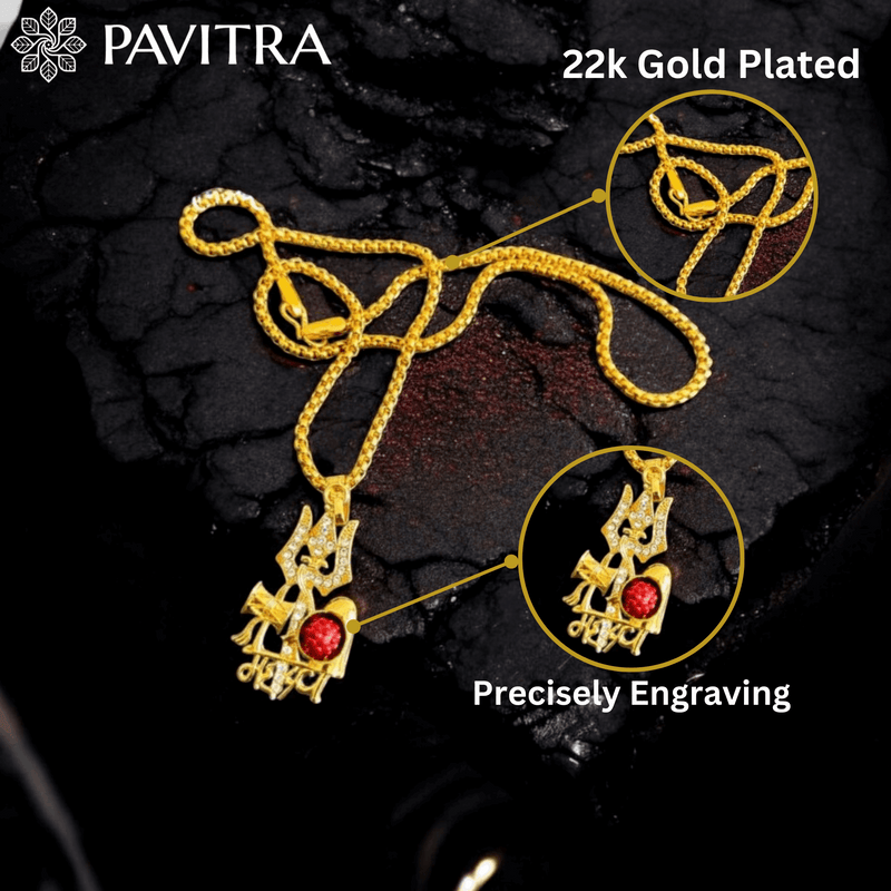 Gold Plated Shiv Trishul Pendant with Rudraksha & Damaru - Pavitra