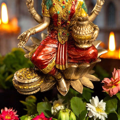 Goddess Lakshmi Mata Idol Seated on a Lotus-Antique Finish - 7 Inch - Pavitra