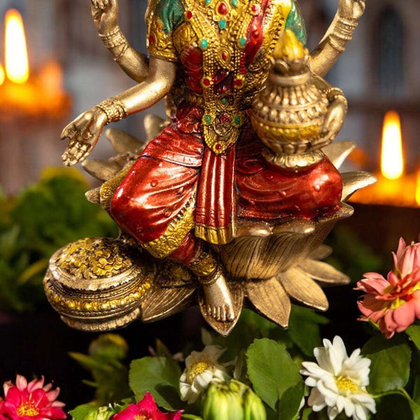 Goddess Lakshmi Mata Idol Seated on a Lotus-Antique Finish - 7 Inch - Pavitra