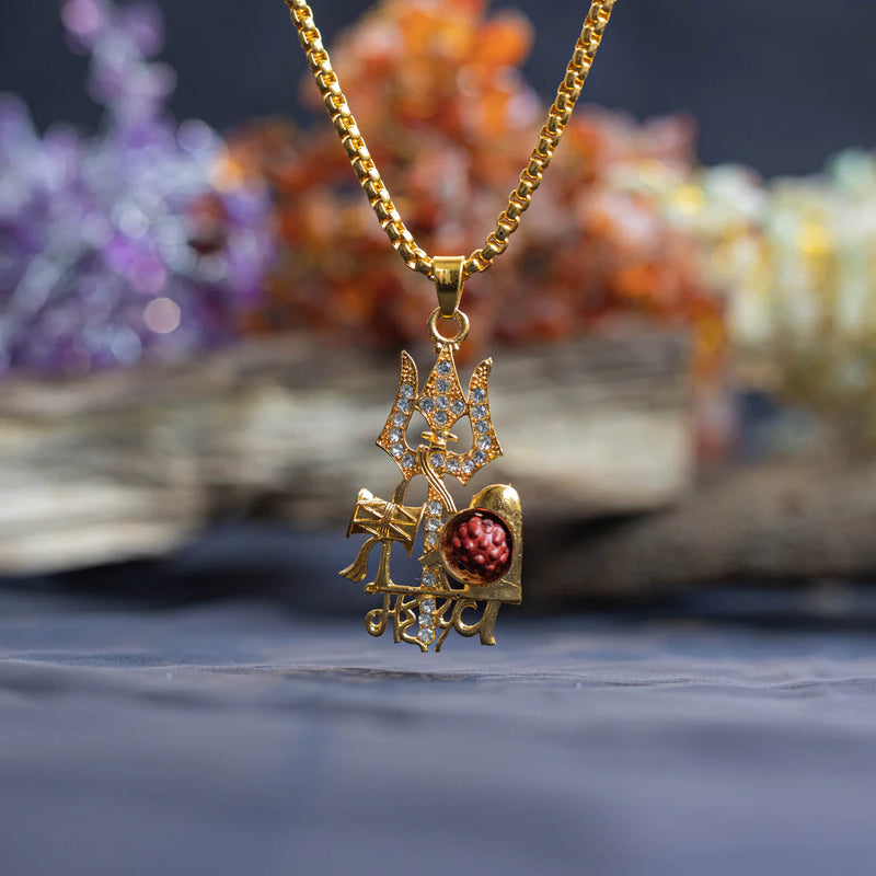 Gold Plated Shiv Trishul Pendant with Rudraksha & Damaru