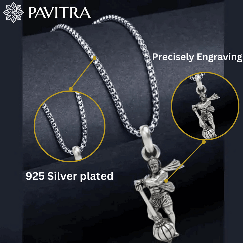 Premium Lord Hanuman Silver Pendant Necklace -Certified Spiritual Jewellery. - Pavitra