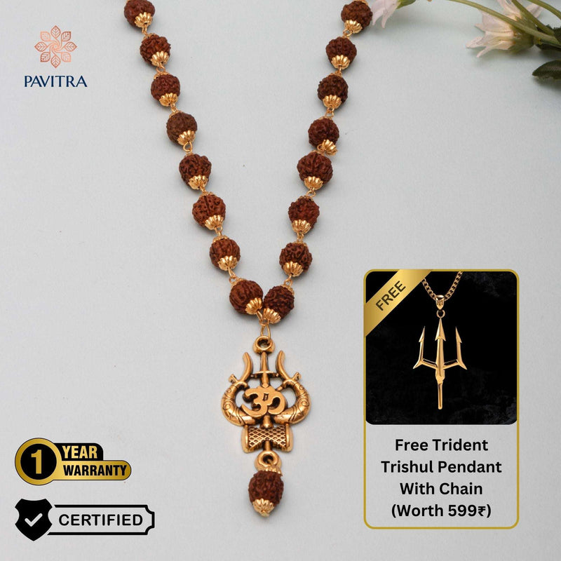Gold Plated Rudraksha Shiva Trishool Necklace (With Free Trident Trishul Necklace) - Pavitra